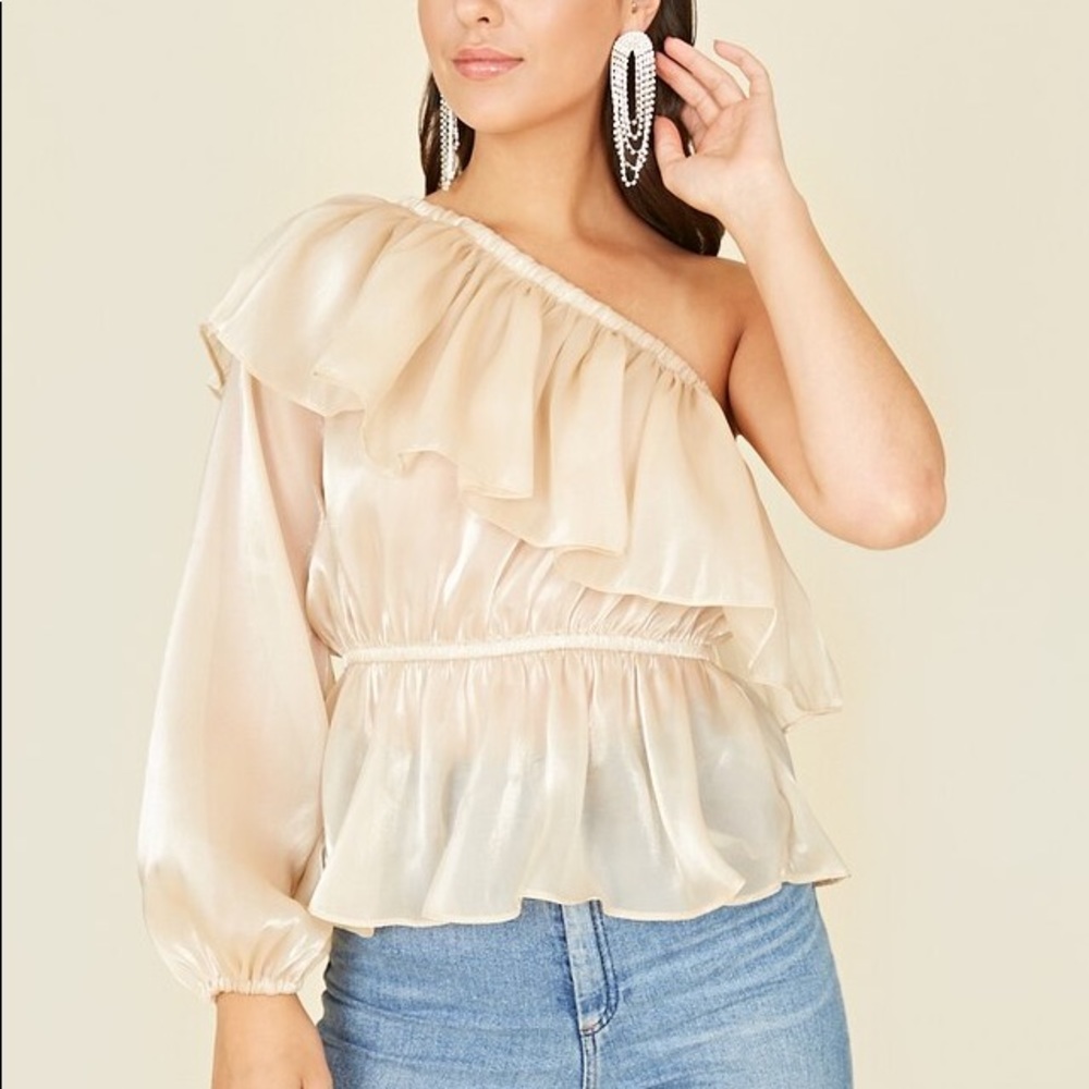 Champagne One Shoulder Frill Organza Peplum Top